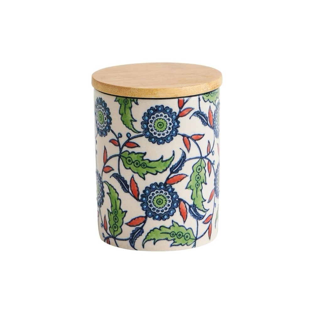 Chumbak Floral Ceramic Storage Jar with Bamboo Lid